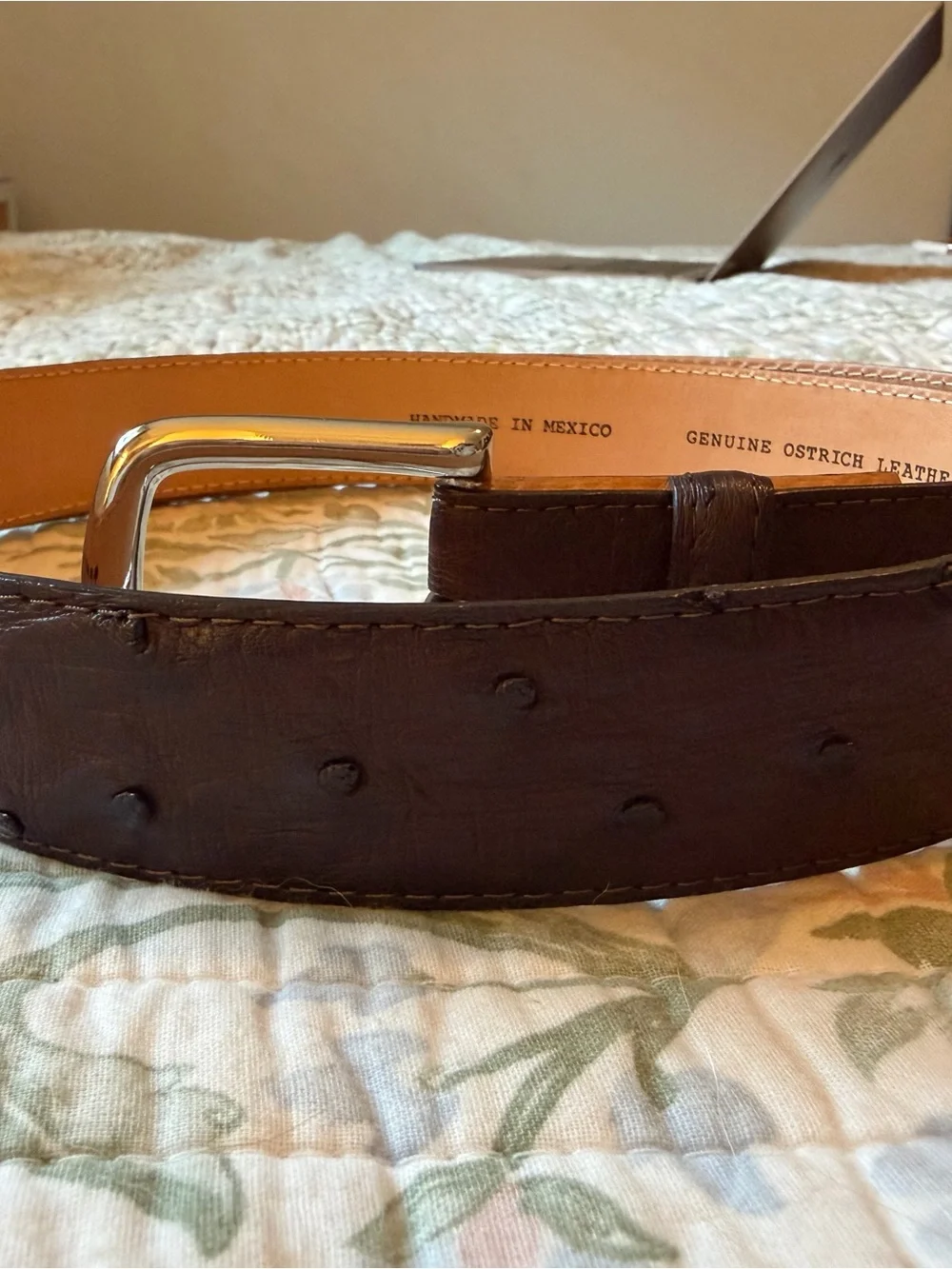 Tecovas Dark Brown Ostrich Leather Belt with Silver Buckle